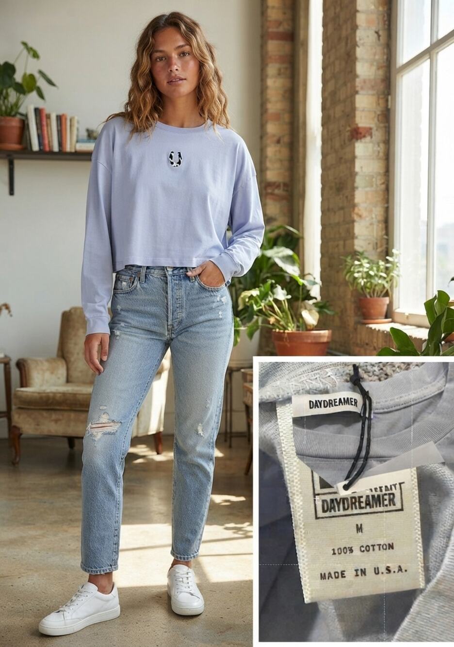 Daydreamer LA Periwinkle Long Sleeve Tee Shirt Horseshoe Cow Print NWT Medium